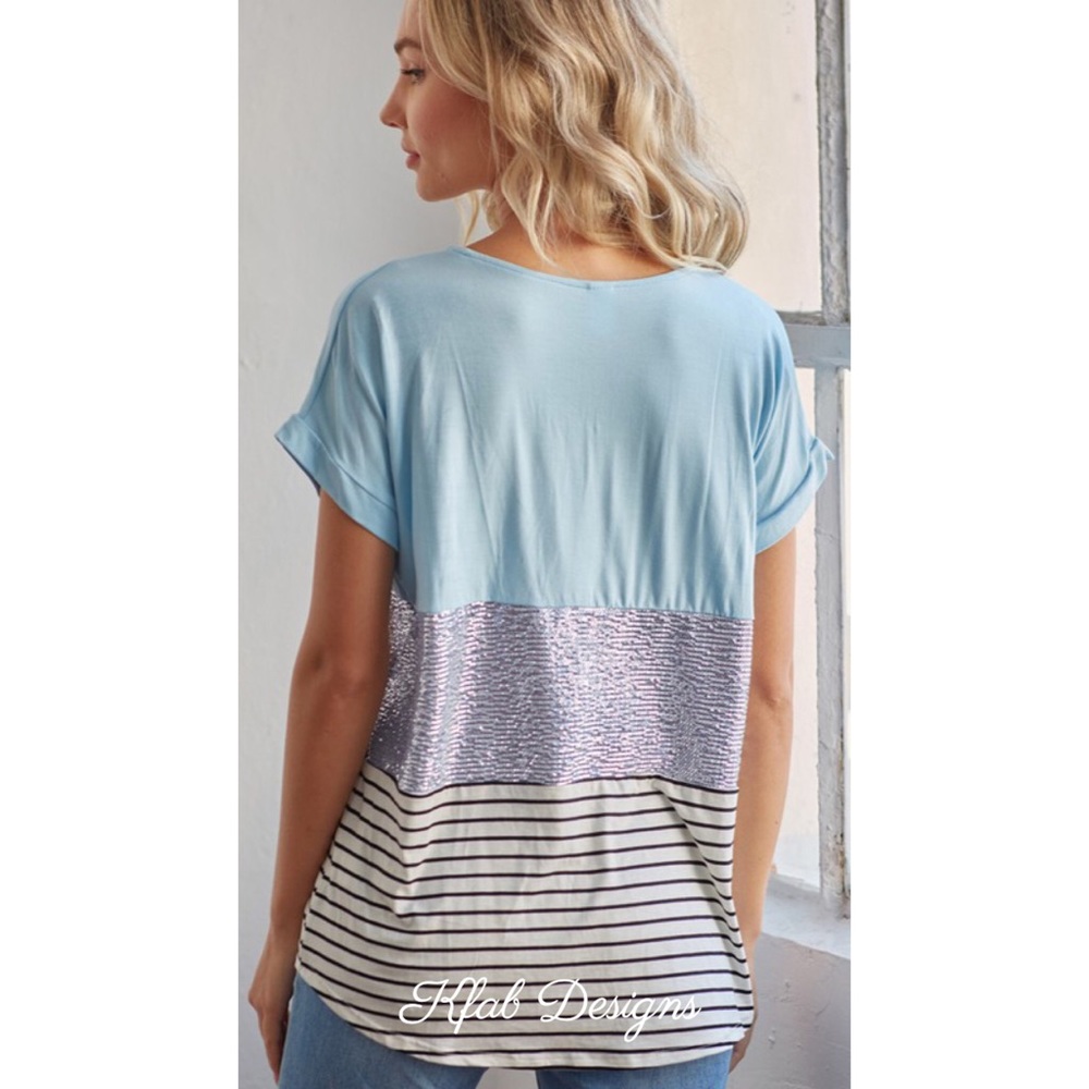 💙LAST 2! Sequins/Stripe V Neck Color Block Top! - Picture 4 of 6
